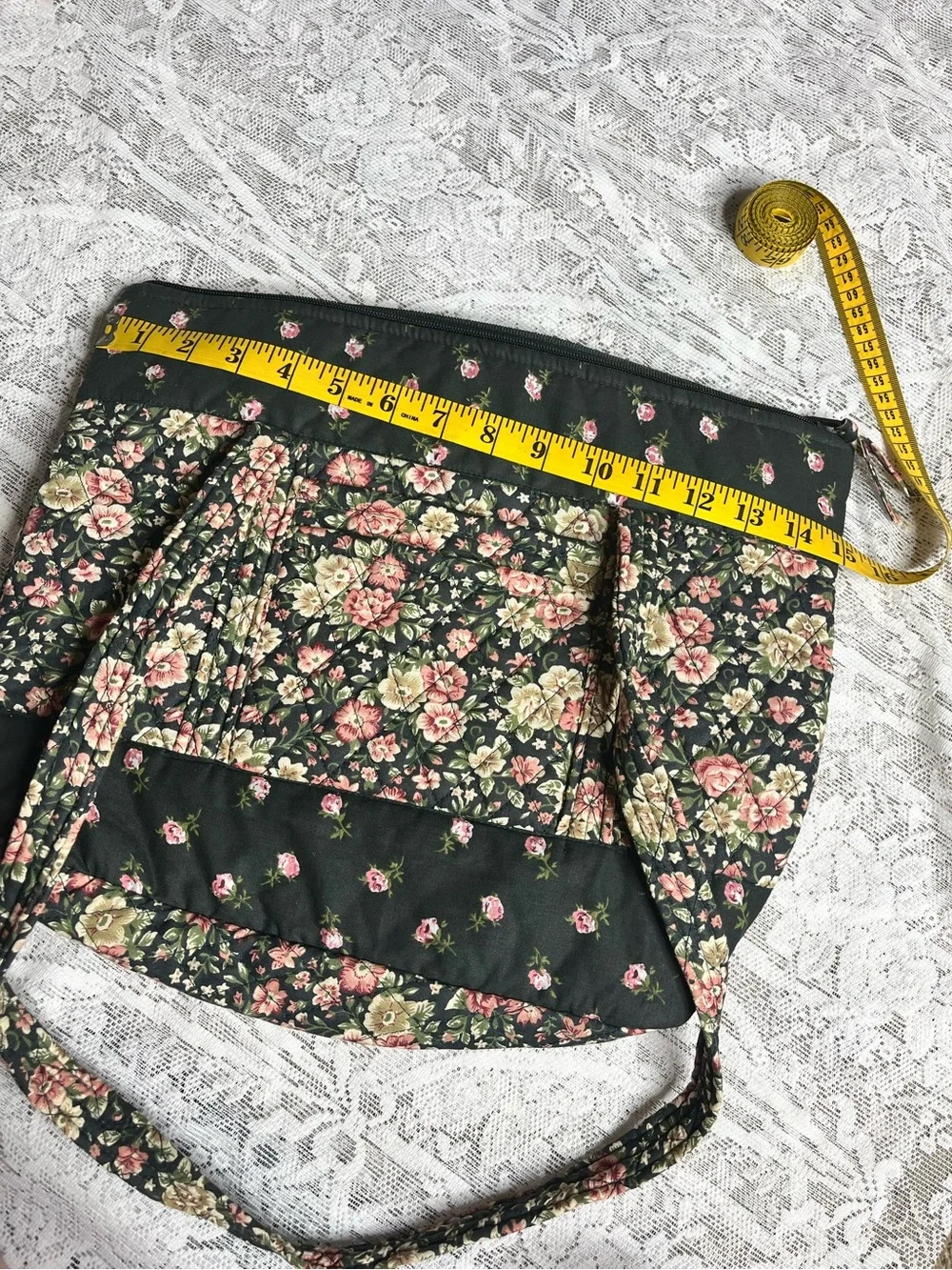 Floral Quilted 100% Cotton Tote Bag - Black with Pink & Cream Flowers